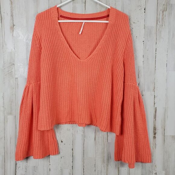 Free People Damsel Knit Bell Sleeve Sweater Orange Size Medium - Picture 1 of 9